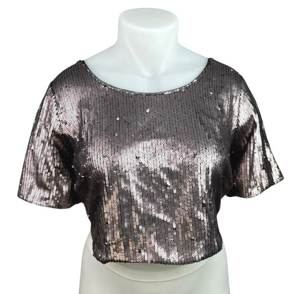 Ashley Nell Tiptop Pink Gold Metallic Sequin Short Sleeve Crop Blouse Top Sz XL - Picture 1 of 5
